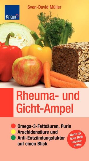 Rheuma- und Gicht-Ampel: Omega-3-Fettsäuren, Purin, Arachidonsäure und Anti-Entzündungsfaktor auf einen Blick; Sticker: Werte für über 2600 Lebensmittel