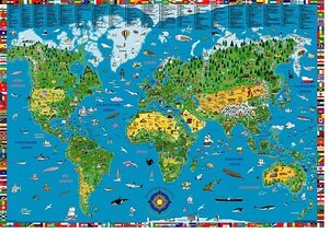 Illustrierte Weltkarte für Kinder und Erwachsene. Poster