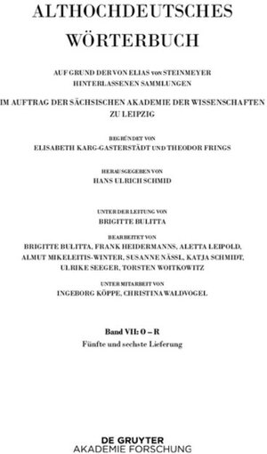 Buchcover Althochdeutsches Wörterbuch / Band VII: O – R. 5. und 6. Lieferung (platlus bis int-quedan)  | EAN 9783110532791 | ISBN 3-11-053279-4 | ISBN 978-3-11-053279-1