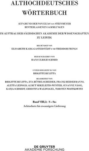 Buchcover Band VIII,1: S – Sn- 18.-20. Lieferung | EAN 9783111355405 | ISBN 3-11-135540-3 | ISBN 978-3-11-135540-5