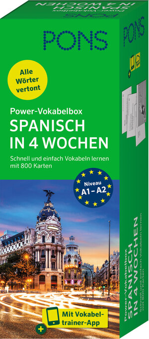 Buchcover PONS Power-Vokabelbox Spanisch in 4 Wochen  | EAN 9783125660212 | ISBN 3-12-566021-1 | ISBN 978-3-12-566021-2