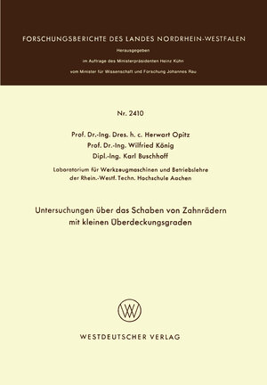Buchcover Untersuchungen über das Schaben von Zahnrädern mit kleinen Überdeckungsgraden | Herwart Opitz | EAN 9783322882554 | ISBN 3-322-88255-1 | ISBN 978-3-322-88255-4