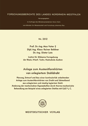 Buchcover Anlage zum Austenitformhärten von unlegiertem Stahldraht | Max Vater | EAN 9783322882974 | ISBN 3-322-88297-7 | ISBN 978-3-322-88297-4