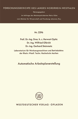 Buchcover Automatische Arbeitsplanerstellung | Herwart Opitz | EAN 9783322885746 | ISBN 3-322-88574-7 | ISBN 978-3-322-88574-6