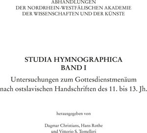 Buchcover Studia Hymnographica Band I  | EAN 9783506793560 | ISBN 3-506-79356-X | ISBN 978-3-506-79356-0
