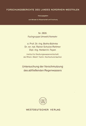 Buchcover Untersuchung der Verschmutzung des abfließenden Regenwassers | Botho Böhnke | EAN 9783531028354 | ISBN 3-531-02835-9 | ISBN 978-3-531-02835-4