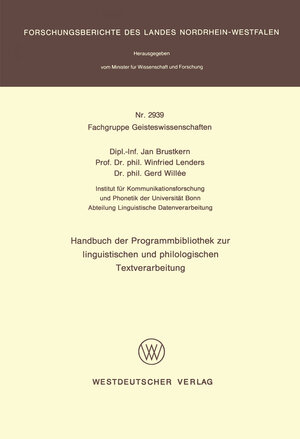 Buchcover Handbuch der Programmbibliothek zur linguistischen und philologischen Textverarbeitung | Jan Brustkern | EAN 9783531029399 | ISBN 3-531-02939-8 | ISBN 978-3-531-02939-9