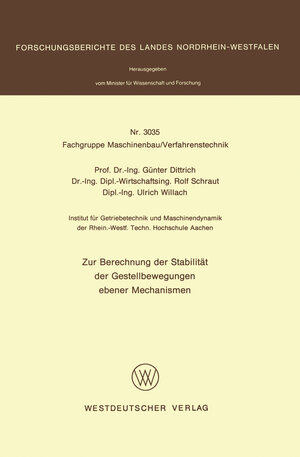 Buchcover Zur Berechnung der Stabilität der Gestellbewegungen ebener Mechanismen | Günter Dittrich | EAN 9783531030357 | ISBN 3-531-03035-3 | ISBN 978-3-531-03035-7