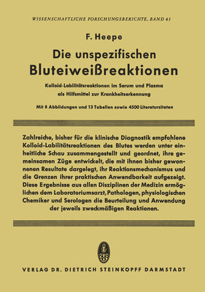 Buchcover Die unspezifischen Bluteiweissreaktionen | Fritz Heepe | EAN 9783642936470 | ISBN 3-642-93647-4 | ISBN 978-3-642-93647-0
