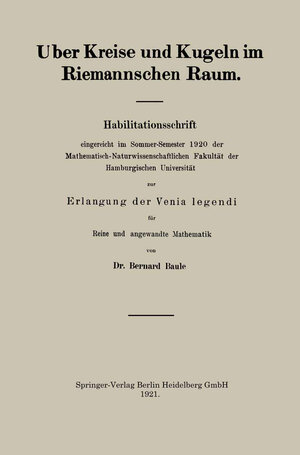 Buchcover Uber Kreise und Kugeln im Riemannschen Raum | Bernard Baule | EAN 9783662248355 | ISBN 3-662-24835-2 | ISBN 978-3-662-24835-5