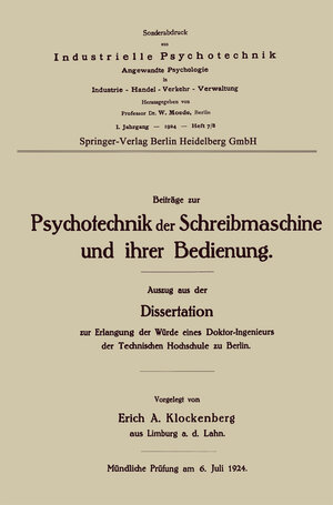 Buchcover Beiträge zur Psychotechnik der Schreibmaschine und ihrer Bedienung | Erich Alexander Klockenberg | EAN 9783662278116 | ISBN 3-662-27811-1 | ISBN 978-3-662-27811-6