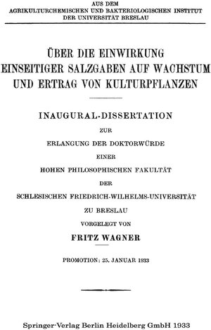Buchcover Über die Einwirkung Einseitiger Salzgaben auf Wachstum und Ertrag von Kulturpflanzen | Fritz Wagner | EAN 9783662296059 | ISBN 3-662-29605-5 | ISBN 978-3-662-29605-9