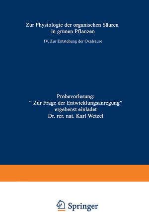 Buchcover Zur Physiologie der organischen Säuren in grünen Pflanzen | Karl Wetzel | EAN 9783662389553 | ISBN 3-662-38955-X | ISBN 978-3-662-38955-3