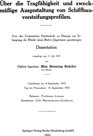 Buchcover Über die Tragfähigkeit und zweckmäßige Ausgestaltung von Schiffbauversteifungsprofilen | Max Henning Rehder | EAN 9783662420478 | ISBN 3-662-42047-3 | ISBN 978-3-662-42047-8