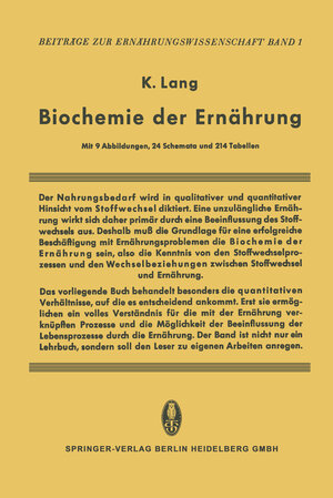 Buchcover Biochemie der Ernährung | K. Lang | EAN 9783662431931 | ISBN 3-662-43193-9 | ISBN 978-3-662-43193-1