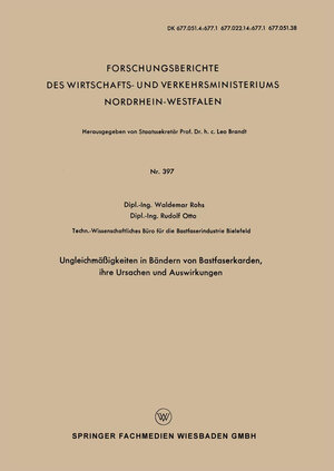 Buchcover Ungleichmäßigkeiten in Bändern von Bastfaserkarden, ihre Ursachen und Auswirkungen | Waldemar Rohs | EAN 9783663032878 | ISBN 3-663-03287-6 | ISBN 978-3-663-03287-8