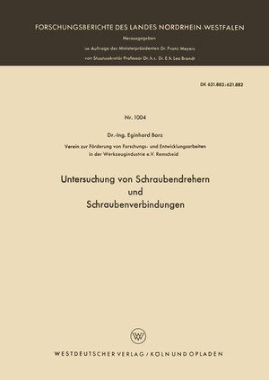 Buchcover Untersuchung von Schraubendrehern und Schraubenverbindungen | Eginhard Barz | EAN 9783663038078 | ISBN 3-663-03807-6 | ISBN 978-3-663-03807-8
