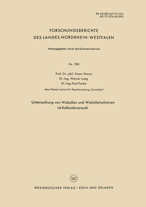 Buchcover Untersuchung von Walzölen und Walzölemulsionen im Kaltwalzversuch | Franz Wever | EAN 9783663038085 | ISBN 3-663-03808-4 | ISBN 978-3-663-03808-5