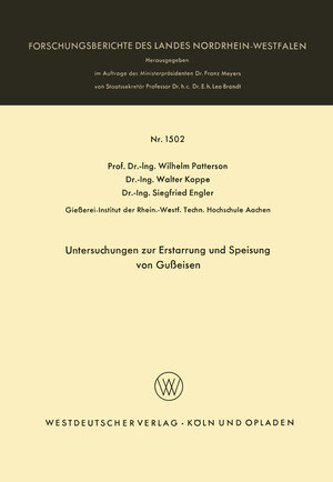 Buchcover Untersuchungen zur Erstarrung und Speisung von Gußeisen | Wilhelm Patterson | EAN 9783663039556 | ISBN 3-663-03955-2 | ISBN 978-3-663-03955-6