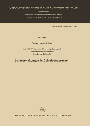 Buchcover Schmierwirkungen in Schmiedegesenken | Hartmut Tolkien | EAN 9783663041207 | ISBN 3-663-04120-4 | ISBN 978-3-663-04120-7