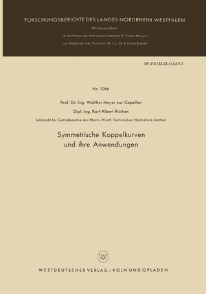 Buchcover Symmetrische Koppelkurven und ihre Anwendungen | Walther Meyer zur Capellen | EAN 9783663044536 | ISBN 3-663-04453-X | ISBN 978-3-663-04453-6