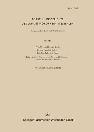 Buchcover Keramische Schneidstoffe | Herwart Opitz | EAN 9783663048794 | ISBN 3-663-04879-9 | ISBN 978-3-663-04879-4