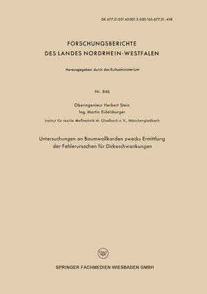 Buchcover Untersuchungen an Baumwollkarden zwecks Ermittlung der Fehlerursachen für Dickeschwankungen | Herbert Stein | EAN 9783663049999 | ISBN 3-663-04999-X | ISBN 978-3-663-04999-9