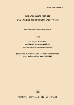 Buchcover Statistische Auswertung von Thomasroheisenproben guter und schlechter Verblasbarkeit | Walter Koch | EAN 9783663055815 | ISBN 3-663-05581-7 | ISBN 978-3-663-05581-5