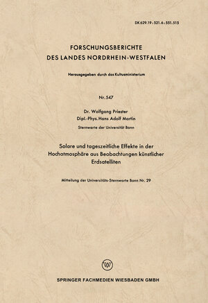 Buchcover Solare und tageszeitliche Effekte in der Hochatmosphäre aus Beobachtungen künstlicher Erdsatelliten | Wolfgang Priester | EAN 9783663055839 | ISBN 3-663-05583-3 | ISBN 978-3-663-05583-9