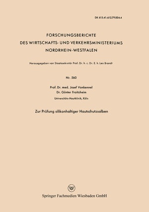 Buchcover Zur Prüfung silikonhaltiger Hautschutzsalben | Josef Vonkennel | EAN 9783663056164 | ISBN 3-663-05616-3 | ISBN 978-3-663-05616-4