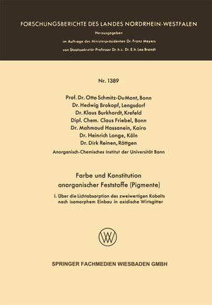 Buchcover Farbe und Konstitution anorganischer Feststoffe (Pigmente) | Prof. Dr. Otto Schmitz-Du Mont | EAN 9783663200048 | ISBN 3-663-20004-3 | ISBN 978-3-663-20004-8