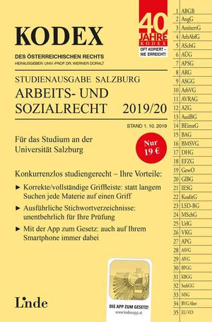 Buchcover KODEX Studienausgabe Arbeits- und Sozialrecht 2019/20  | EAN 9783707320008 | ISBN 3-7073-2000-6 | ISBN 978-3-7073-2000-8