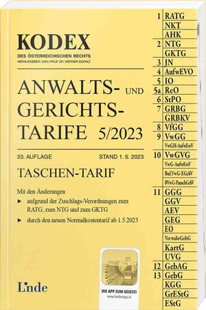 Buchcover KODEX Anwalts- und Gerichtstarife 5/2023 | Dietmar Dokalik | EAN 9783707348286 | ISBN 3-7073-4828-8 | ISBN 978-3-7073-4828-6