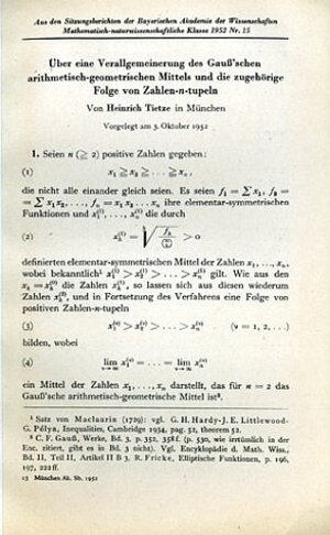 Buchcover Über eine Verallgemeinerung des Gauss'schen arithmetisch-geometrischen Mittels und die zugehörige Folge von Zahlen-n-tupeln | Heinrich Tietze | EAN 9783769643473 | ISBN 3-7696-4347-X | ISBN 978-3-7696-4347-3
