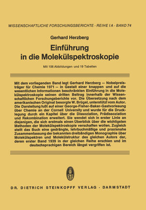 Buchcover Einführung in die Molekülspektroskopie | Gerhard Herzberg | EAN 9783798503595 | ISBN 3-7985-0359-1 | ISBN 978-3-7985-0359-5