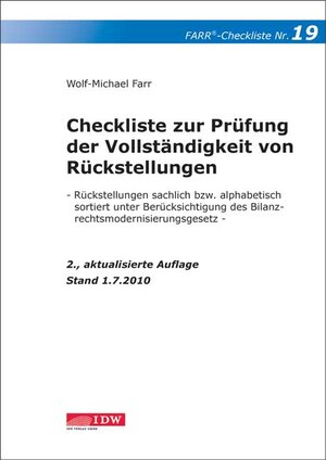 Buchcover Checkliste 19 zur Prüfung der Vollständigkeit von Rückstellungen | Wolf-Michael Farr | EAN 9783802114656 | ISBN 3-8021-1465-5 | ISBN 978-3-8021-1465-6