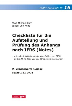Buchcover Farr, Checkliste 16 (Anhang n. IFRS), 9. A. | Wolf-Michael Farr | EAN 9783802125881 | ISBN 3-8021-2588-6 | ISBN 978-3-8021-2588-1
