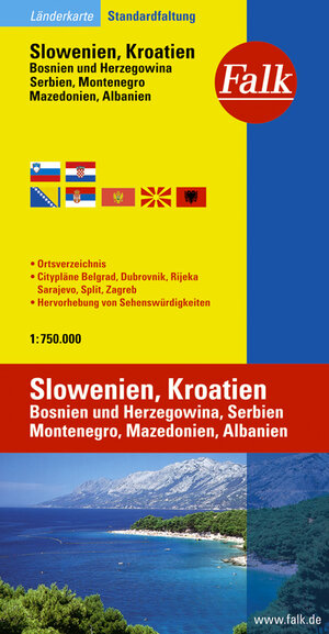 Falk Länderkarte Slowenien / Kroatien / Bosnien-Herzegowina / Serbien und Montenegro / Makedonien / Albanien 1:750 000