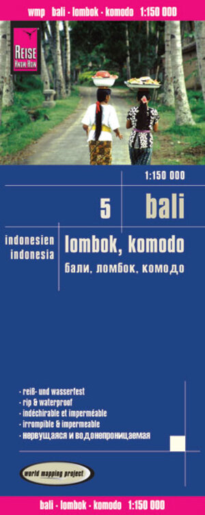 World Mapping Project, Bali, Lombok, Komodo: Kartenbild 2seitig, klassifiziertes Straßennetz, Ortsindex, GPS-tauglich