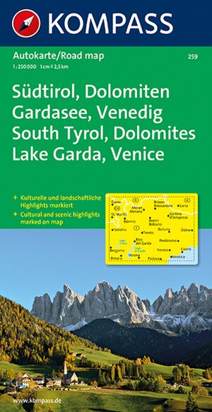 Südtirol - Dolomiten - Gardasee - Venedig 1 : 250 000: Kulturelle und landschaftliche Highlights markiert / Cultural and scenic highlights marked on map