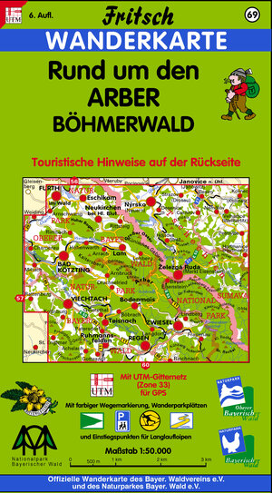 Fritsch Karten, Nr.69, Rund um den Arber, Böhmerwald: Touristische Hinweise auf der Rückseite. Mit farbiger Wegemarkierung, Wanderparkplätzen und Langlaufloipen