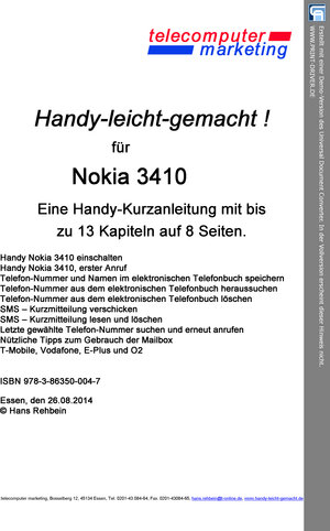 Buchcover Nokia 3410 leicht-gemacht | Hans Rehbein | EAN 9783863500047 | ISBN 3-86350-004-0 | ISBN 978-3-86350-004-7