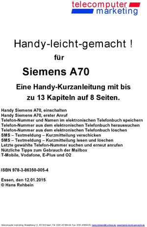 Buchcover Siemens A70-leicht-gemacht | Hans Rehbein | EAN 9783863505059 | ISBN 3-86350-505-0 | ISBN 978-3-86350-505-9