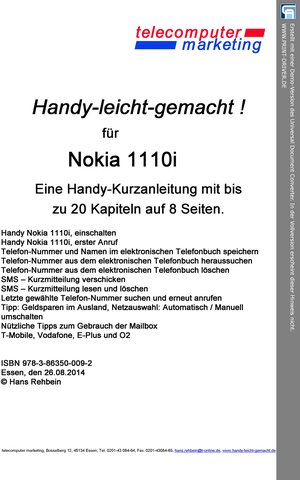 Buchcover Nokia 1110i-leicht-gemacht | Hans Rehbein | EAN 9783863505097 | ISBN 3-86350-509-3 | ISBN 978-3-86350-509-7