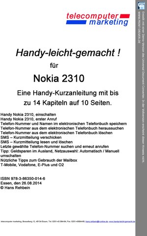 Buchcover Nokia 2310-leicht-gemacht | Hans Rehbein | EAN 9783863505141 | ISBN 3-86350-514-X | ISBN 978-3-86350-514-1