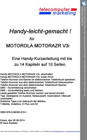 Buchcover Motorola RAZR V3i-leicht-gemacht | Hans Rehbein | EAN 9783863505196 | ISBN 3-86350-519-0 | ISBN 978-3-86350-519-6