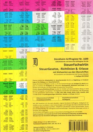 Buchcover SteuerFachwirt/in: STEUERGESETZE-STEUERRICHTLINIEN-STEUERERLASSE (2017-2018) Dürckheim-Griffregister Nr. 1699 mit Stichworten | Thorsten Glaubitz | EAN 9783864531699 | ISBN 3-86453-169-1 | ISBN 978-3-86453-169-9