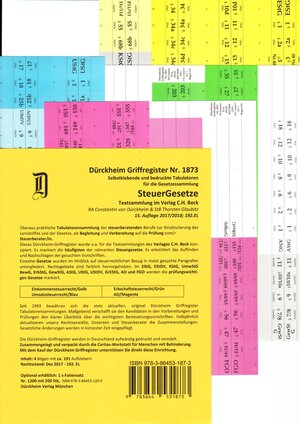 Buchcover STEUERGESETZE Dürckheim-Griffregister Nr. 1873 (2018/192.EL) | Thorsten Glaubitz | EAN 9783864531873 | ISBN 3-86453-187-X | ISBN 978-3-86453-187-3