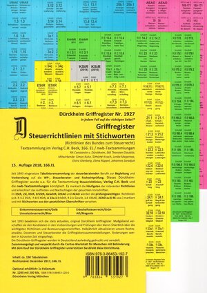 Buchcover STEUERRICHTLINIEN Dürckheim-Griffregister Nr. 1927 (2018/166. EL) mit Stichworten aus der Gesetzesüberschrift  | EAN 9783864531927 | ISBN 3-86453-192-6 | ISBN 978-3-86453-192-7