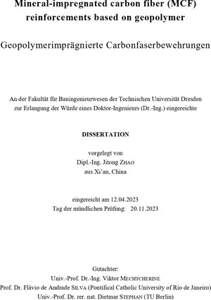 Buchcover Mineral-impregnated carbon fiber (MCF) reinforcements based on geopolymer | Jitong Zhao | EAN 9783867807685 | ISBN 3-86780-768-X | ISBN 978-3-86780-768-5